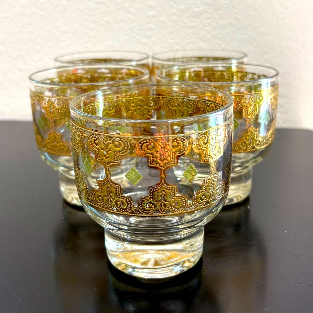 CULVER MCM VALENCIA | 3 3/8" Old Fashioned Glass Green Gold Embossed Set of 5